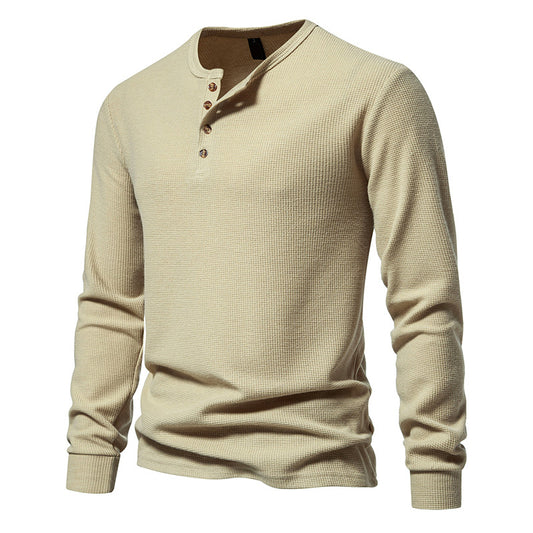 Loookus - Long Sleeve Waffle Knit Four Buttons Henley Shirt