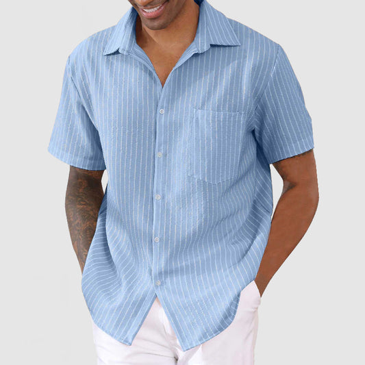 Loookus - Men's Casual Cotton Linen Striped Short Sleeve Shirt
