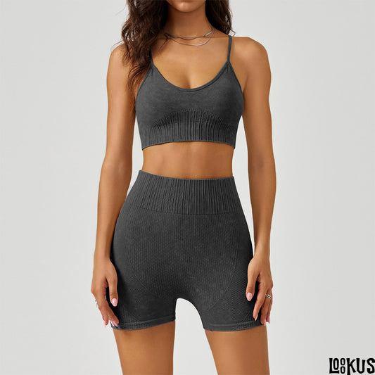 Loookus - Matte Finish Yoga Set for Women - High-Waisted Butt-Lifting Shorts and Shockproof Sports Bra, Quick-Dry Fitness Outfit