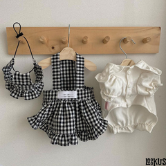 Loookus - Spring summer plaid dog shirt suspender skirt set, houndstooth cat dress