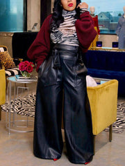 Loookus - High Waist Wide Leg PU Leather Pants