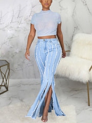 Loookus - Slit Tassel Flare Denim Jeans