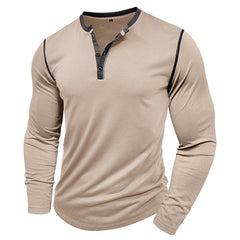 Loookus - 2025 Men's long-Sleeved T-shirt with Color-blocked Henley Shirt Without Pocket