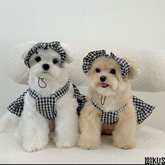 Loookus - Spring summer plaid dog shirt suspender skirt set, houndstooth cat dress