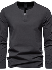 Loookus - Long Sleeve Waffle Knit V-Shape Henley