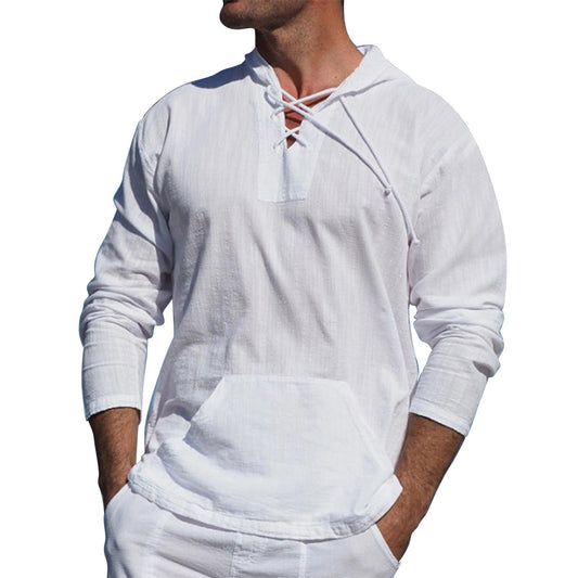 Loookus - Gentleman's Everyday Pure Color Without Pattern Fit Long Cotton Linen Hooded Shirt