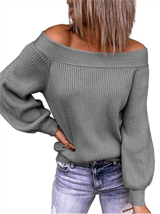 Loookus - Off-shoulder Large Size Loose Knit Sweater Autumn and Winter One-line Collar Solid Color Pullover Sweater Women's Clothing