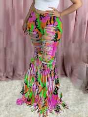 Loookus - Camo Ripped Tassels Flared Jeans