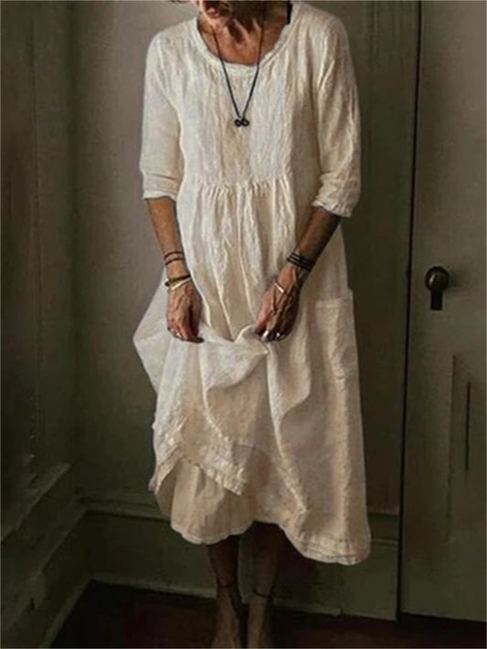 Loookus - Casual Round Neck Linen Solid Color Long Dress