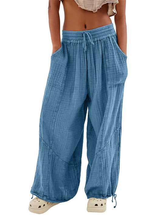 Loookus - Women's Casual Fashion Temperament Commuter Solid Color Tie Pockets Loose Wide Leg Pants Pants High Waist Casual Pants