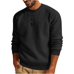 Loookus - 2025 Man's Long Sleeve Knit Henley Pure Color Waffle Texture