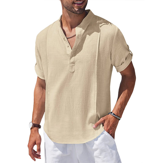 Loookus - Men's Linen Cotton Henley Shirt Casual Beach Hippie Shirts Short Sleeve T Shirts