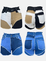 Loookus - Colorblock Raw Hem Denim Shorts