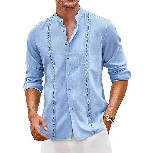 Loookus - Casual solid color men's linen cotton Cuban collar shirt
