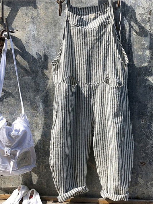 Loookus - Strap Striped Jumpsuit Wide Leg Pants Linen