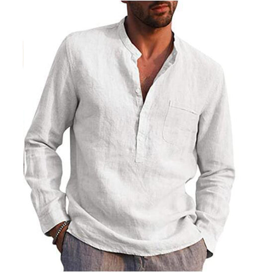 Loookus - Men's Cotton Linen Summer Solid Color Stand-Up Collar Long-Sleeved Shirts