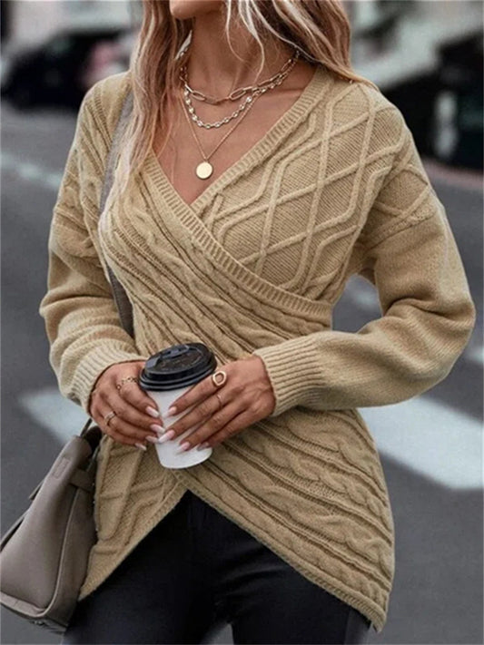 Loookus - Autumn and Winter New Solid Color V-neck Cross Jacquard Slim Comfortable Casual Sweater Commuter Style Women's Clothing