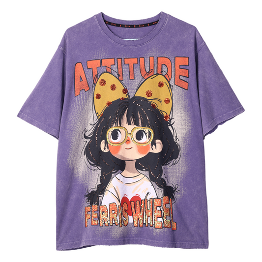 Loookus - American Retro Bow Girl in Bubble Pop Color Clash Tee