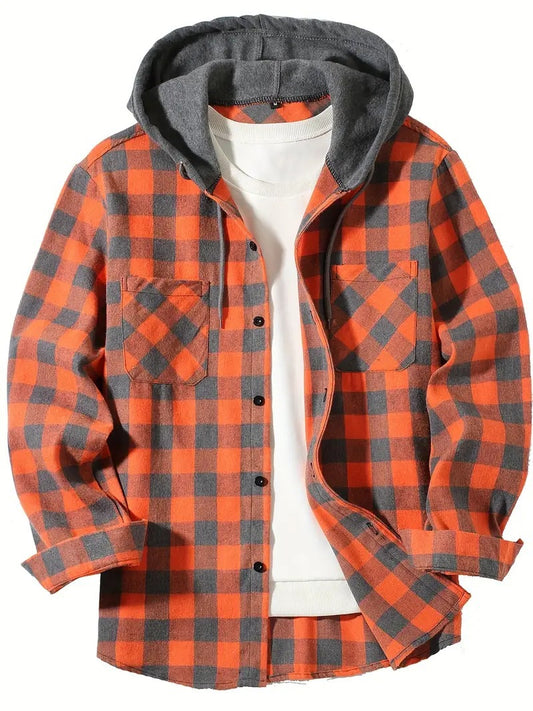 Loookus - Men's Flannel Plaid Hooded Shirt