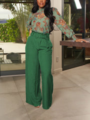 Loookus - Solid Belt Wide Leg Pants