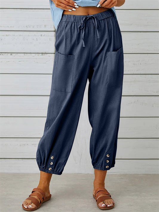 Loookus - Women's New Loose Type High-waisted Button Cotton Linen Pants Nine-minute Pants Wide-legged Cotton Linen Nine-minute Pants