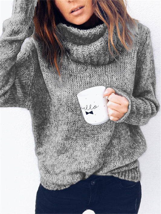 Loookus - Autumn and Winter New Sweater Women Solid Color Long-sleeved High Neck Loose Type Pullover Knit Sweater