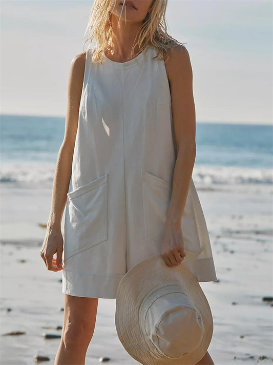 Loookus - New Casual Jumpsuit Summer Loose Sleeveless Pockets Solid Colour Loose Jumpsuit Shorts