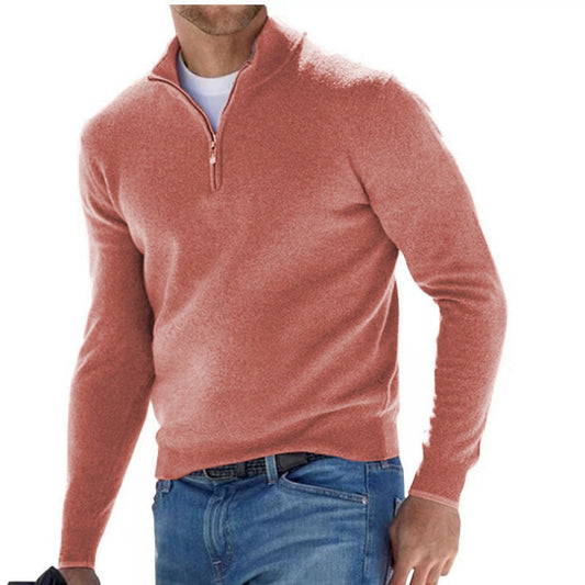 Men's Casual and Comfortable Solid Color V Collar Zipper Long Sleeve POLO Shirt
