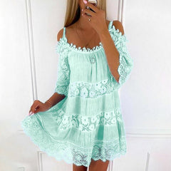 Loookus - Lace Patchwork Suspender Flower Girdle Casual Solid Loose Dress White Dresses