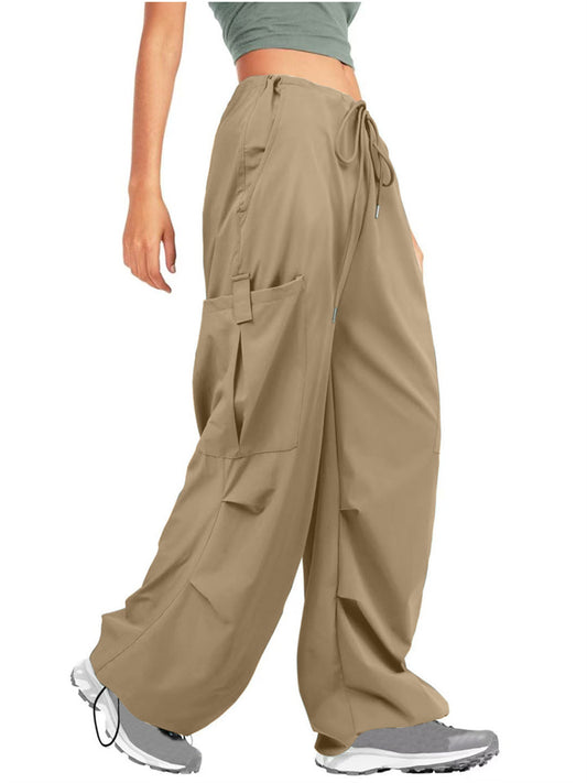 Loookus - Women's Street Hipster Solid Color Drawstring Tie Casual Loose Sports Workwear Pants Mid Waist Pants Casual Pants