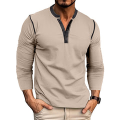 Loookus - 2025 Men's long-Sleeved T-shirt with Color-blocked Henley Shirt Without Pocket