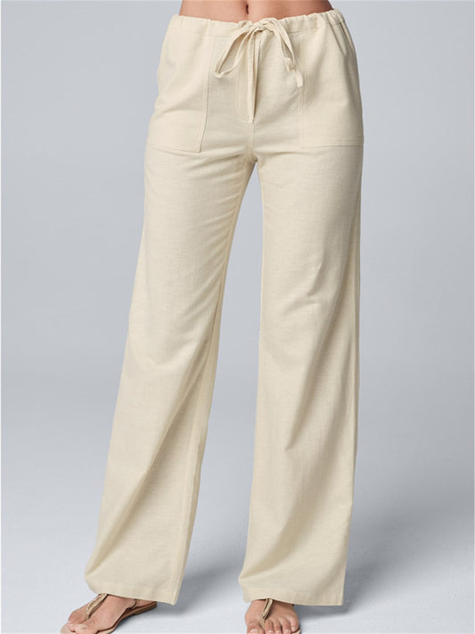 Loookus - Women's Wide Leg Pants Trousers Cotton Faux Linen White Khaki Grey Fashion Casual Daily Side Pockets Wide Leg Full Length Comfort Plain S M L XL 2XL