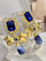 Loookus - Bow Knot Rhinestone Handmade Blue Glass Earrings