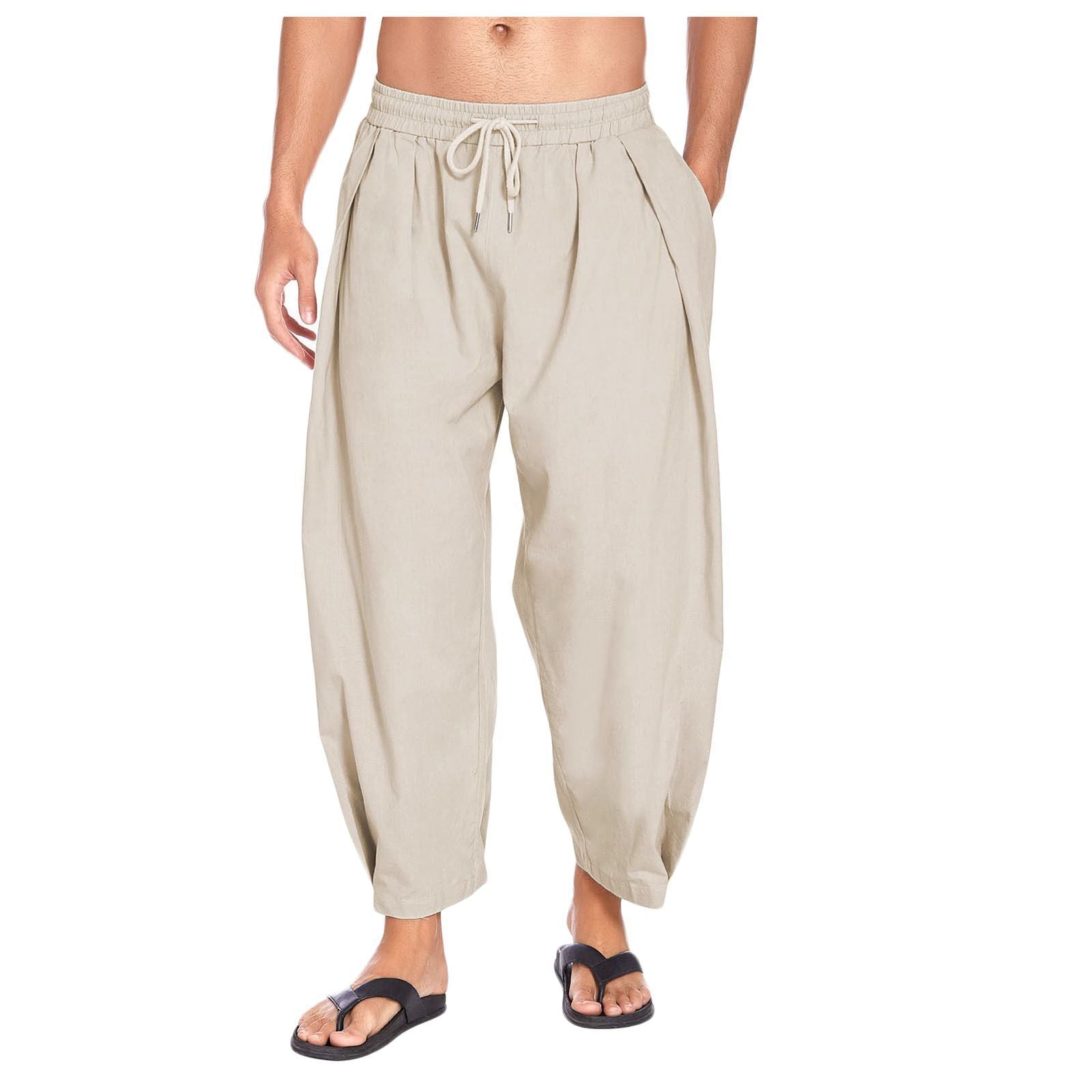 Loookus - Men's Cotton Linen Pants Drawstring Casual Capris Lightweight Loose Beach Pant