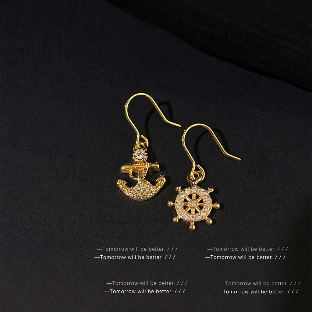 Loookus - Asymmetric Ship Anchor And Rudder Zircon Earrings