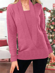 Loookus - Women's Casual Solid Color V-neck Long-sleeved Knitted Sweater