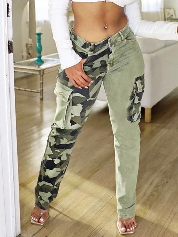 Loookus - Camouflage Denim Patchwork Pants