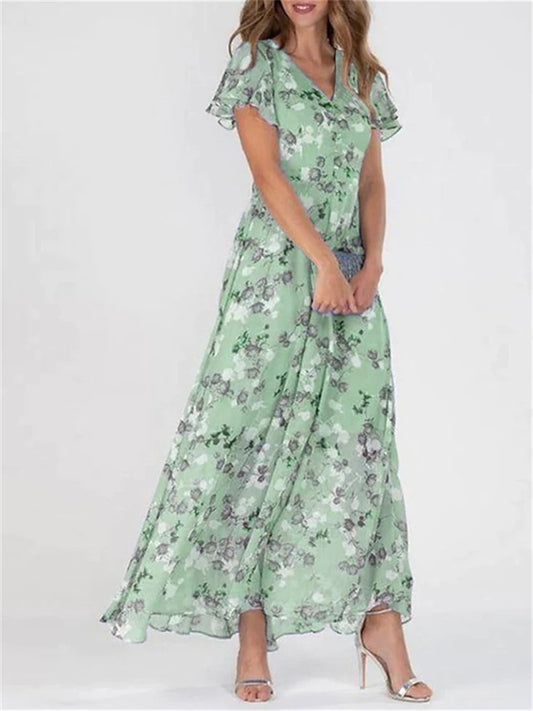 Loookus - Temperament Commuter New Beach Swing Dress Chiffon Floral Ruffle Sleeves Short-sleeved Ruffle V-neck Fashion Waist Dress