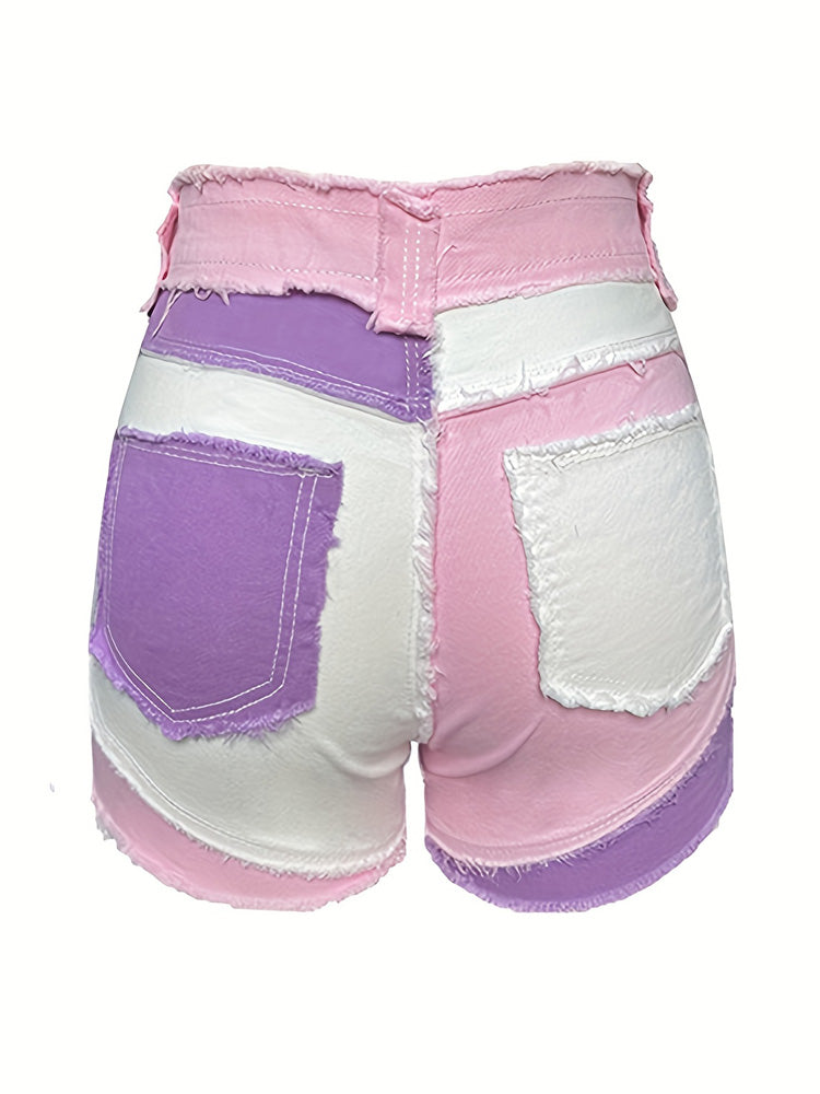 Loookus - Colorblock Raw Hem Denim Shorts