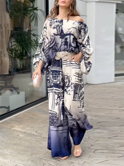 Loookus - Printed Loose Puff Sleeves Off-the-shoulder Two-Piece Sets Pants Blouses