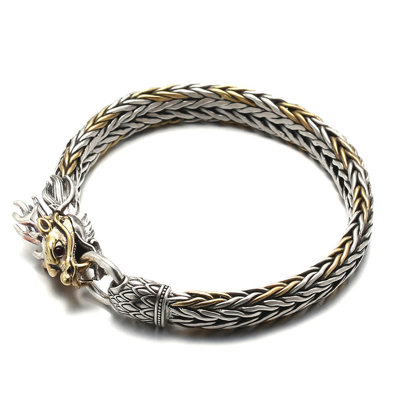 Loookus - 925 Silver Retro Hand Woven Gold Head Bracelet