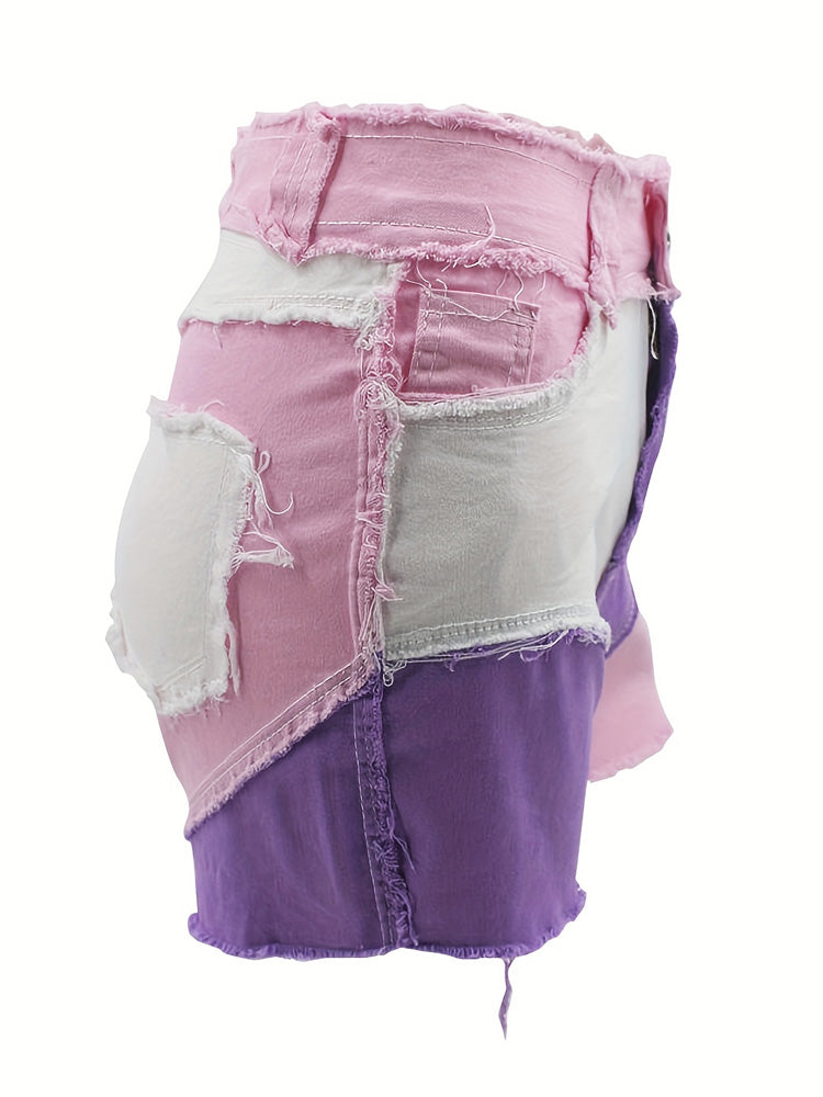 Loookus - Colorblock Raw Hem Denim Shorts