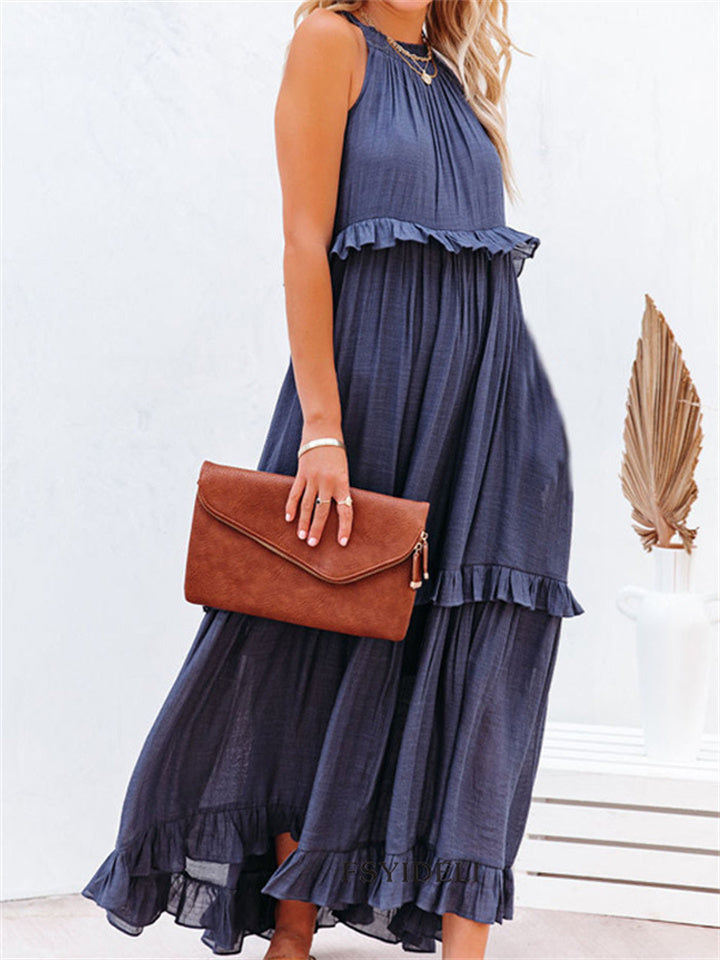 Loookus - Summer New Holiday Style Ruffled Long Dress Sleeveless Round Neck Swing Elegant Beach Dress Women