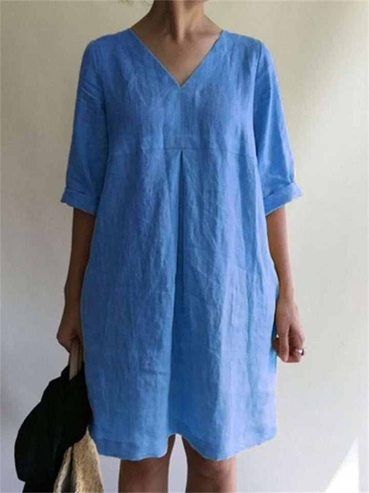 Loookus - Summer V-neck Solid Color Cotton Linen Loose Dresses Women