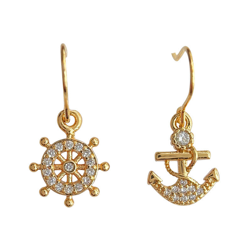 Loookus - Asymmetric Ship Anchor And Rudder Zircon Earrings