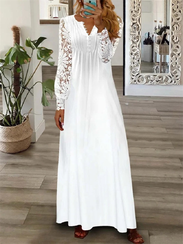 Loookus - Spring and Summer Women's Fashion V-neck Long-sleeved Lace Long Dress