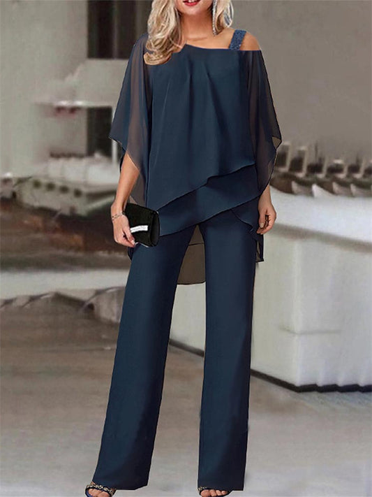 Loookus - Women's Jumpsuit Solid Color Round Neck Elegant Wedding Prom Straight Regular Fit Half Sleeve Navy Blue S M L Spring