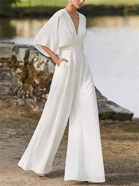 Loookus - Women's Jumpsuit Pocket High Waist Solid Color V Neck Elegant Party Business Regular Fit 3/4 Length Sleeve Black White Pink S M L Spring