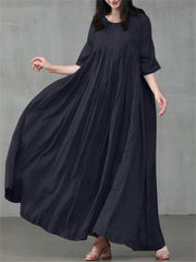 Loookus - Casual Temperament Women's Cotton Linen Set Head Round Neck Swing Type Solid Color Dress
