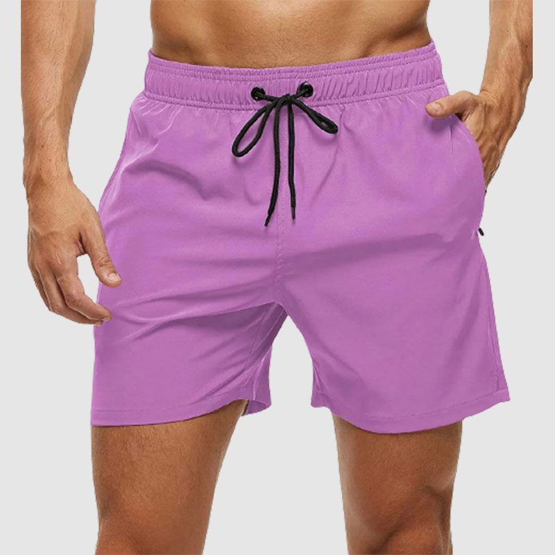 Loookus - Men's Solid Color Quarter Casual Beach Shorts With Zippered Pockets And Mesh Lining Swimwear